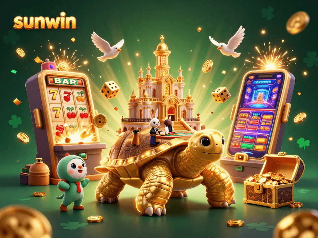 Experience the excitement of sunwin with a lively casino atmosphere featuring golden tortoise, jackpot slots, and celebratory elements.
