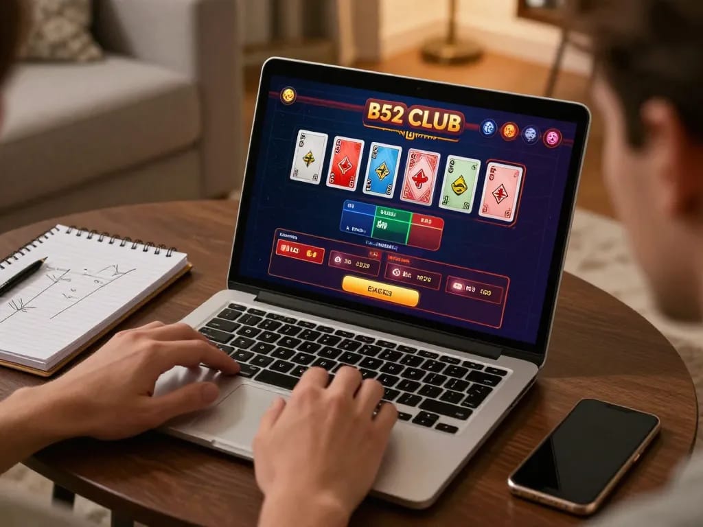Người chơi câu lạc bộ B52 lập chiến lược trong khi cược trực tuyến, thể hiện gameplay hấp dẫn và môi trường ấm cúng tại nhà.