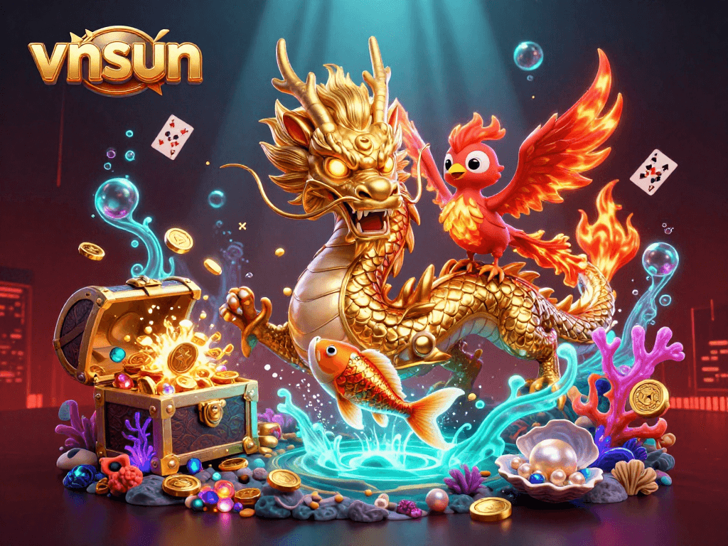 Experience thrilling gameplay at vnsun with a golden dragon, phoenix, and koi fish amidst an explosion of coins