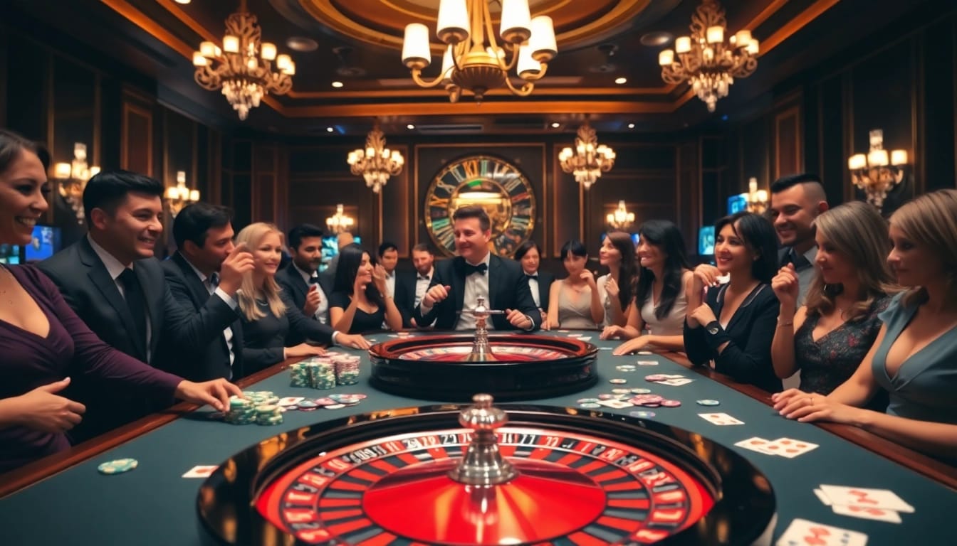 Spiele im Bereich casino spiele.de an einem eleganten Roulette-Tisch in einem luxuriösen Casino.
