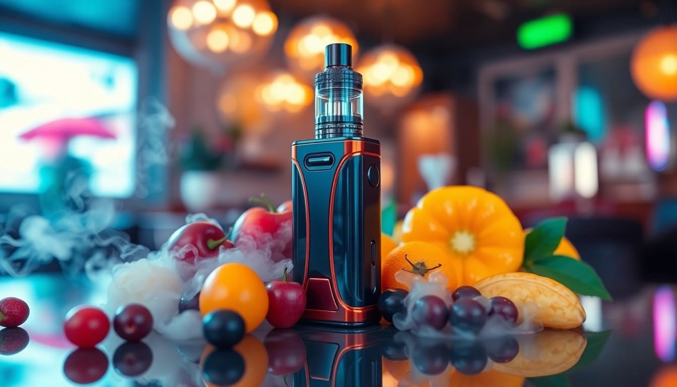 Erleben Sie das hqd vape Gerät in einer stilvollen Umgebung mit bunten Früchten und Dampf.