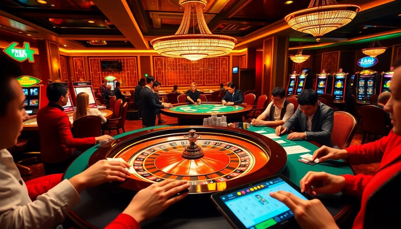 Engaging players at a luxurious casino featuring a roulette table and online gambling interface with the link 12bet.