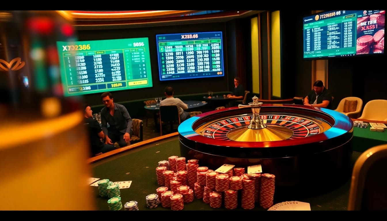Xổ số ok8386 betting excitement in a luxurious casino setting with poker chips and gaming tables.
