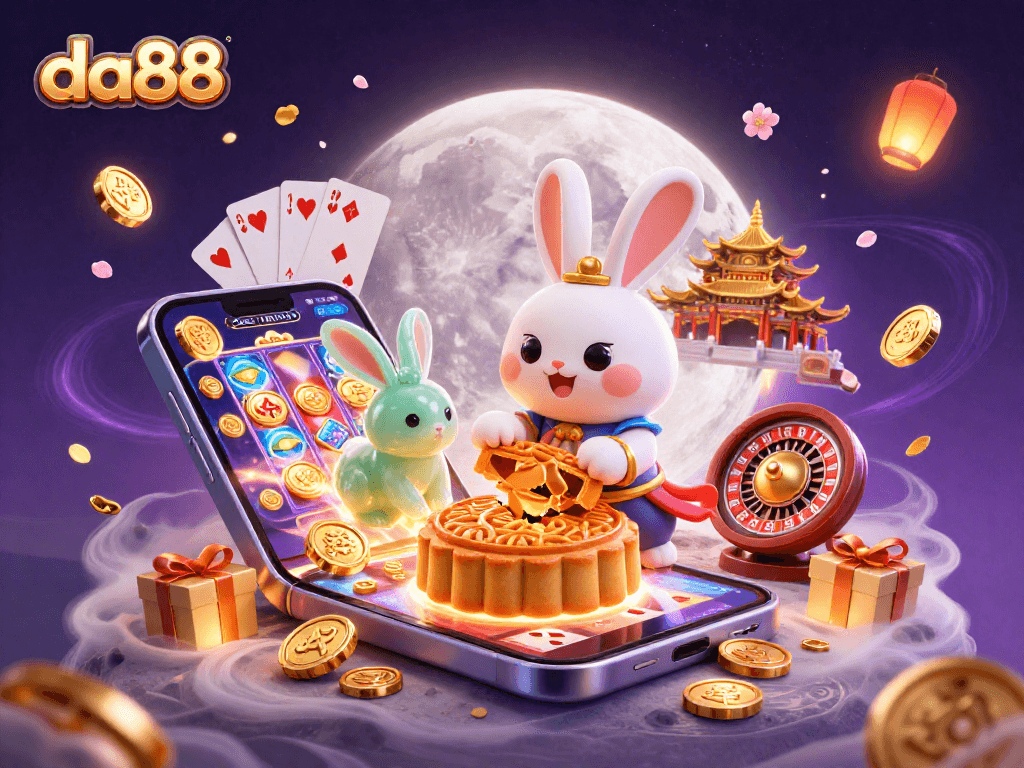 Experience the excitement of da88 as the moon rabbit reveals poker chips in a vibrant casino scene.