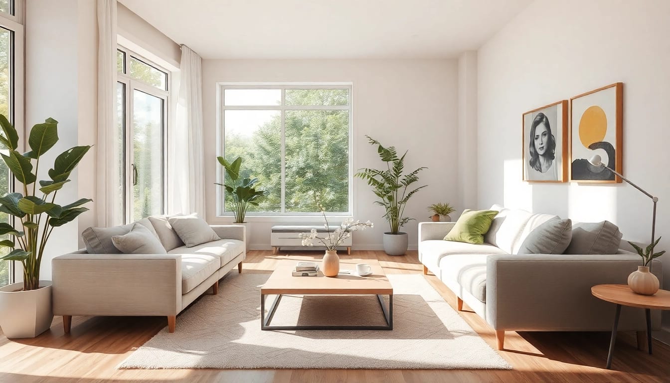 Moderne Raumgestaltung im stilvollen Wohnzimmer mit warmen Licht und harmonischer Farbpalette.