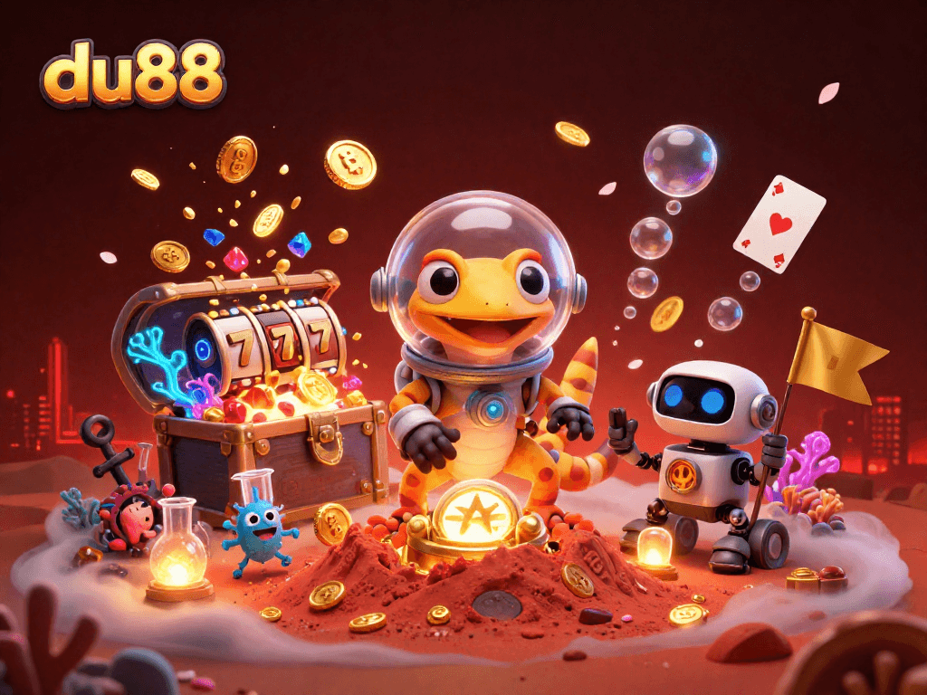 Experience the exciting golden casino adventure at du88 with a Martian gecko and vibrant treasures.