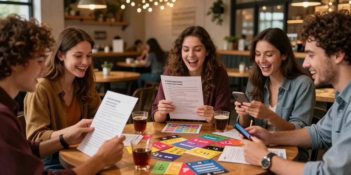 Gruppenszene beim Quiz Allgemeinwissen in einem gemütlichen Café, mit Freunden, die begeistert Fragen beantworten.