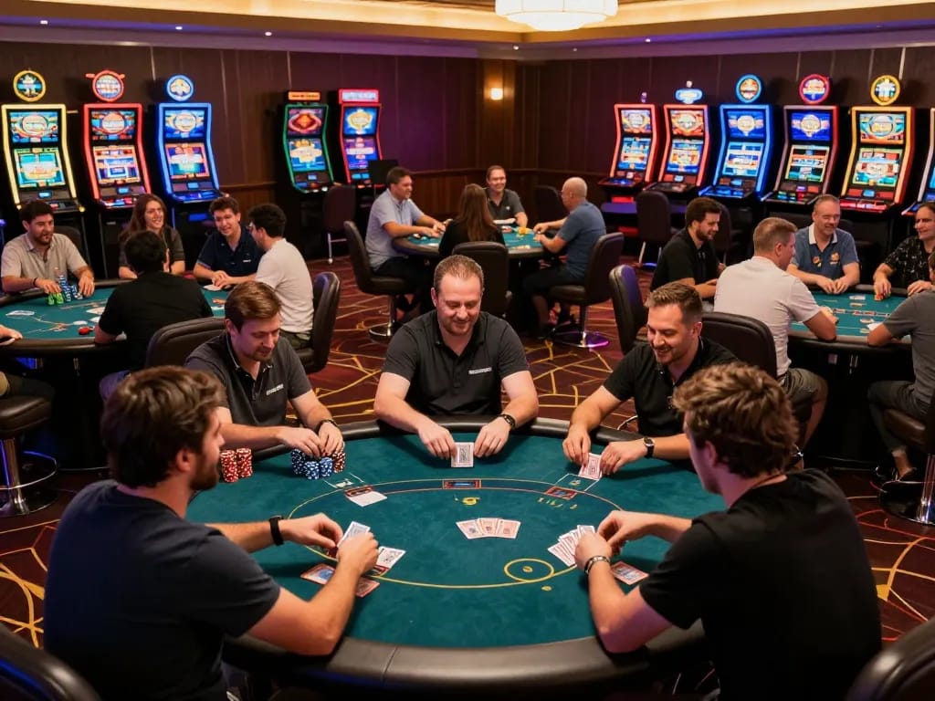 Các người chơi tận hưởng những trò chơi poker hồi hộp tại Sun win, thể hiện bầu không khí sôi động của casino và sự phấn khích.