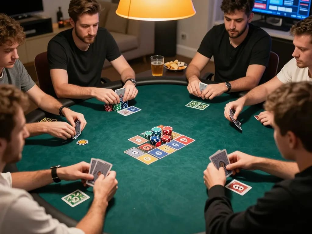 Các người chơi tham gia vào một trận poker chiến lược tại Rik vip, thể hiện sự phấn khích và kỹ năng với chip và bài.