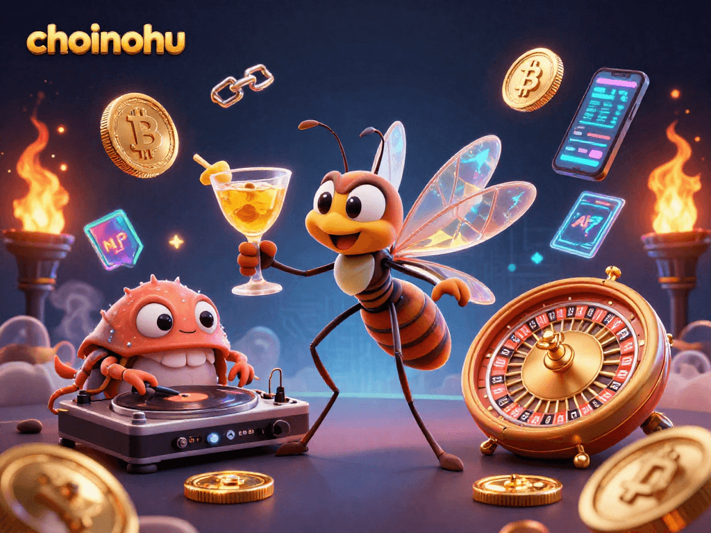 Improve your odds at choinohu with vibrant illustrated casino elements featuring crypto coins and dynamic characters.