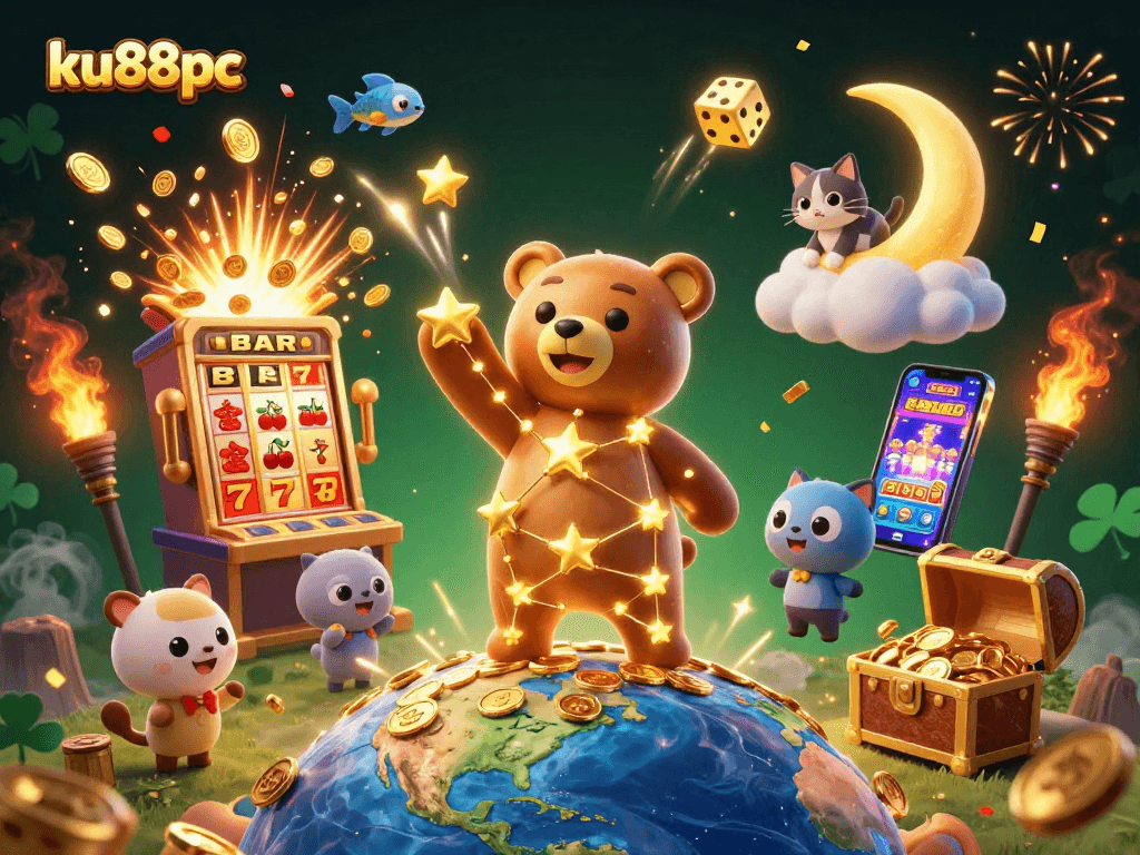 Engage in thrilling wins at ku88pc with a vibrant 3D casino scene featuring exciting games and characters.