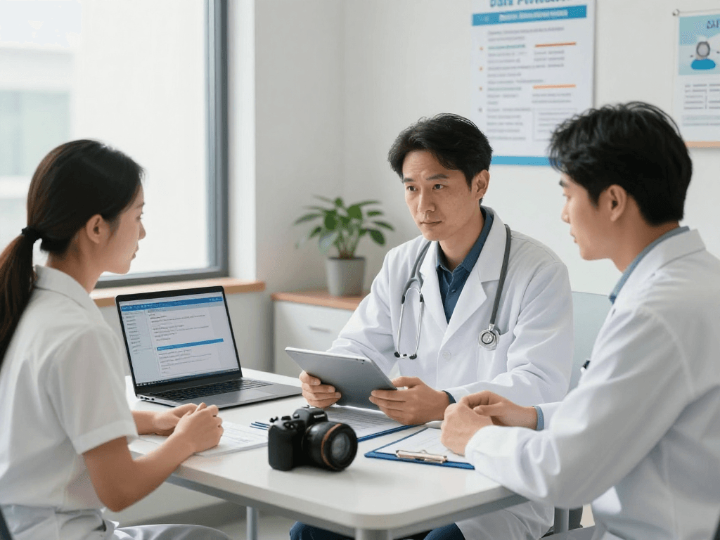 Im Gesundheitswesen Arzt besprechen Fachleute Datenschutz und Barrierefreiheit in einer modernen Praxis.