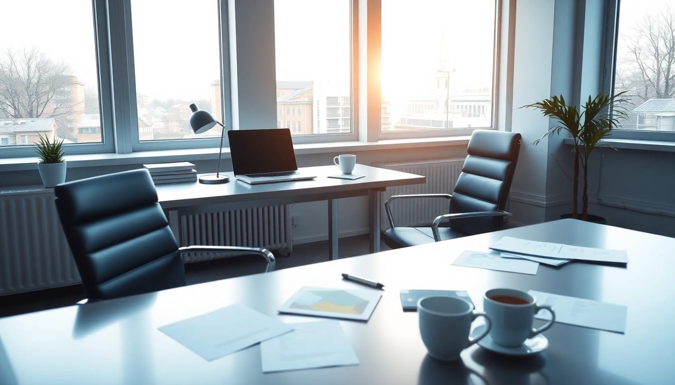 Headhunter Dresden arbeitet an einem modernen Schreibtisch mit Recruitment-Dokumenten und einem Laptop.