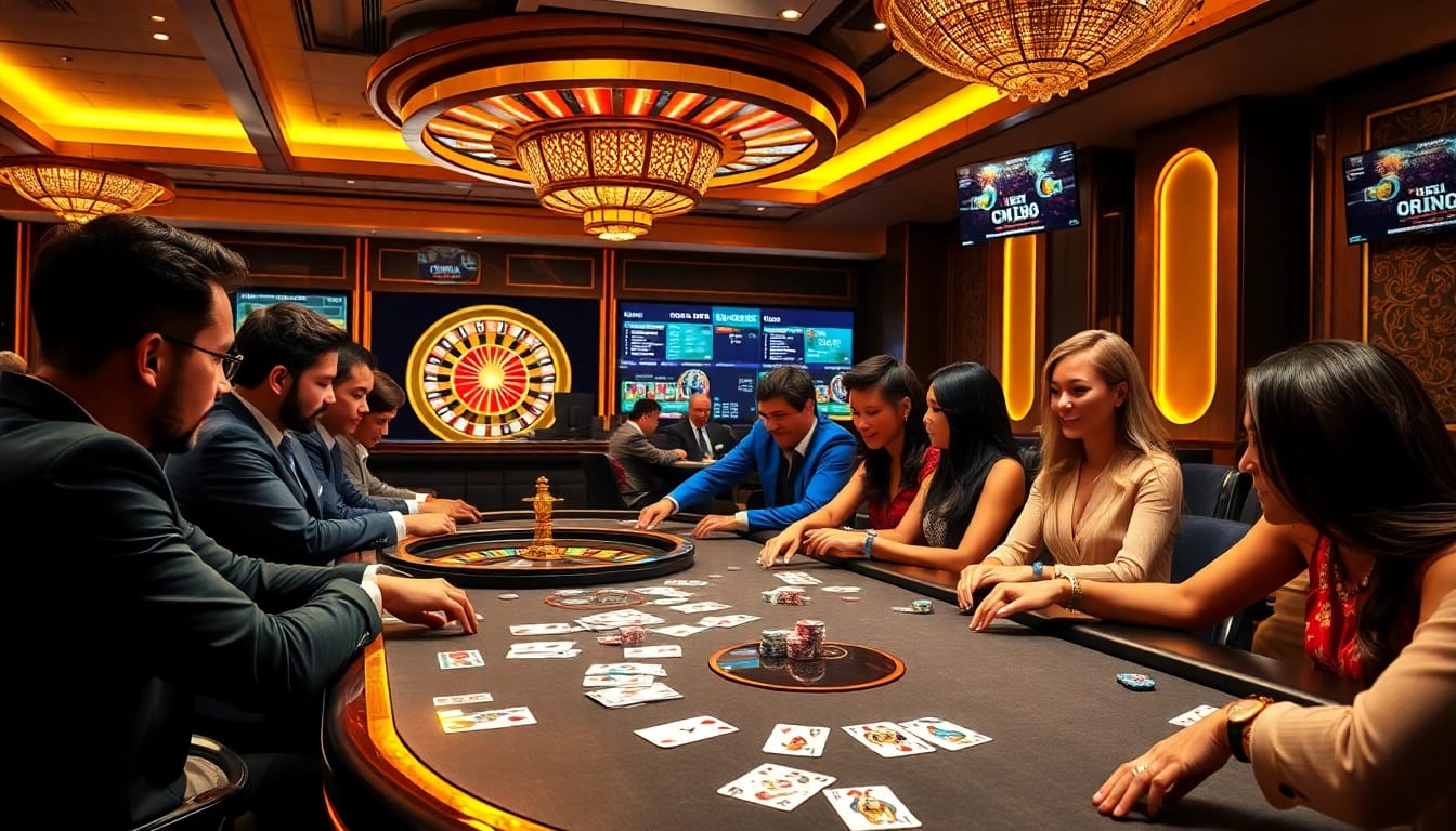 Exciting scene of players engaging in poker at a luxurious casino while CM88 đăng nhập is showcased.