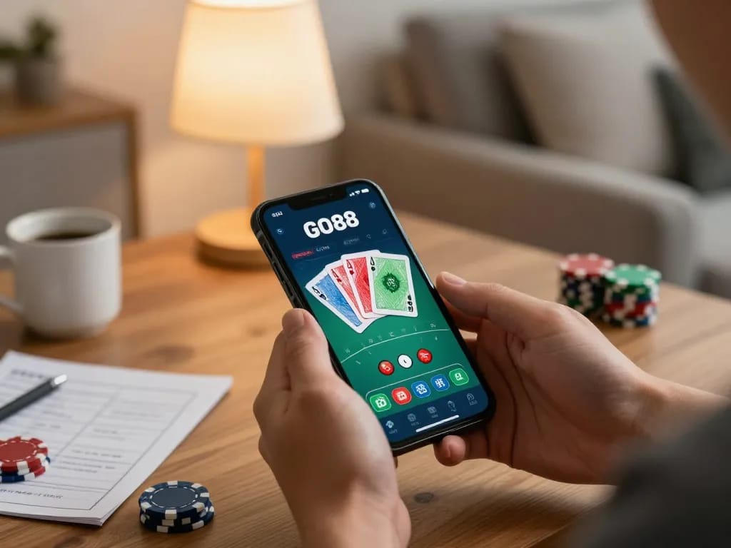 Player engaging with GO88 mobile app for a poker game, showcasing an inviting home gaming setup.