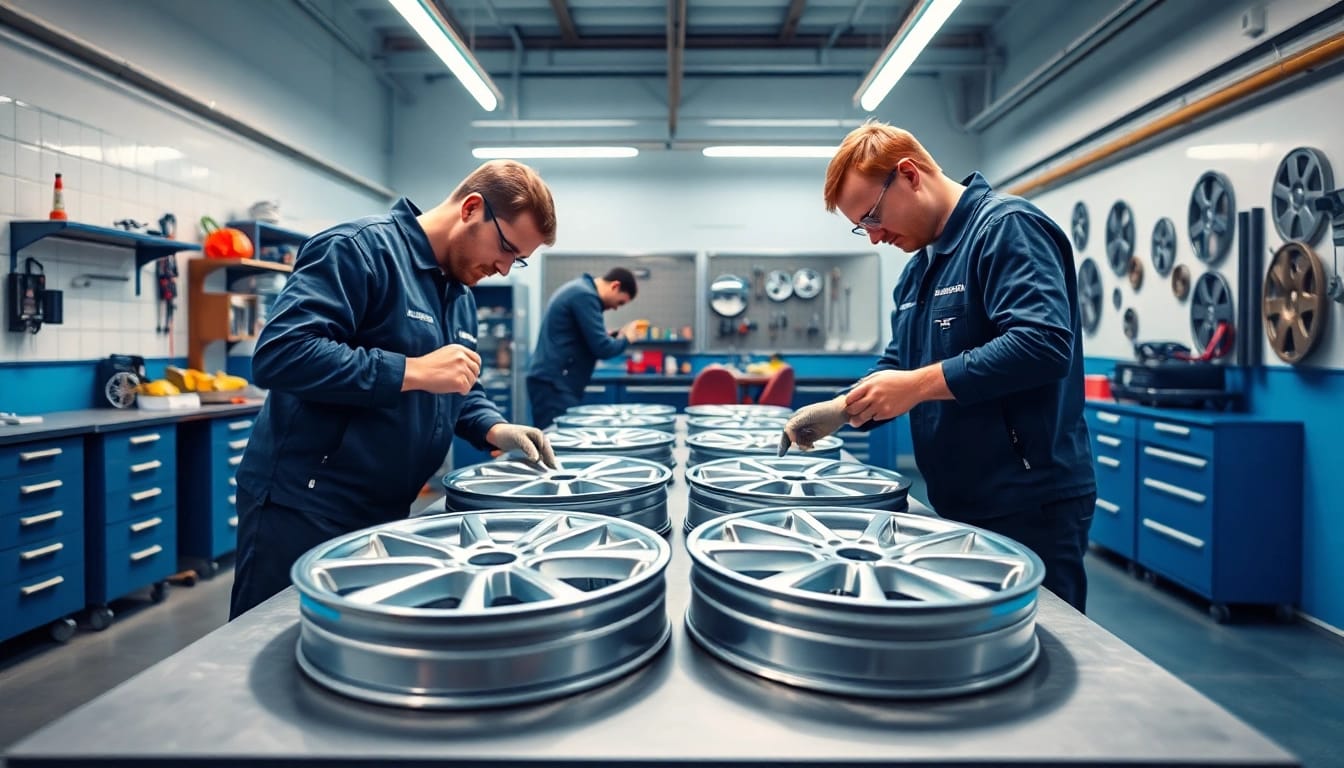 Felgenreparatur München: Professionelle Reparaturservice für beschädigte Alufelgen mit glänzendem Finish in einem modernen Werkstattumfeld.