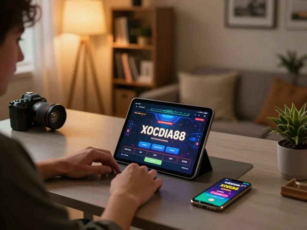Engaging user playing XOCDIA88 on tablet in a stylish home setting, showcasing modern online gambling experience.