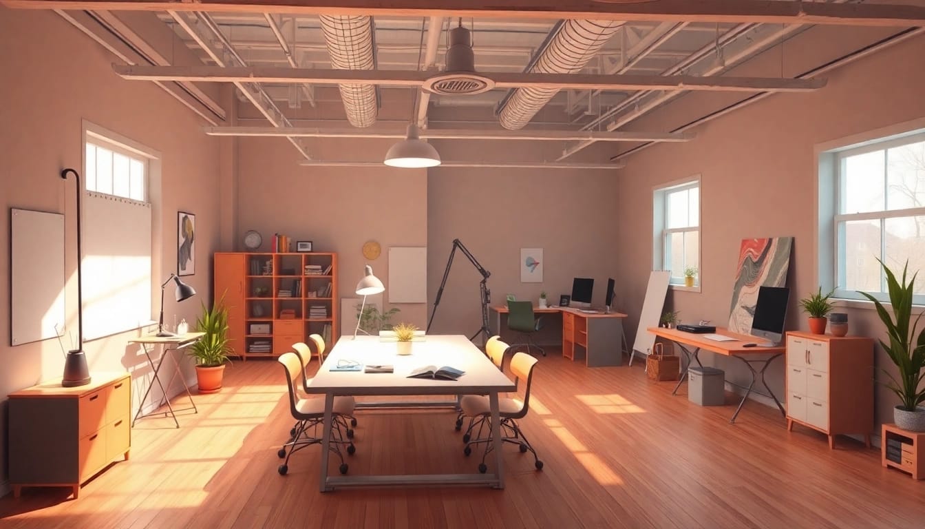 Animationsstudio: Künstler arbeiten an lebendigen Animationsprojekten in einem dynamischen Raum mit kreativen Requisiten.