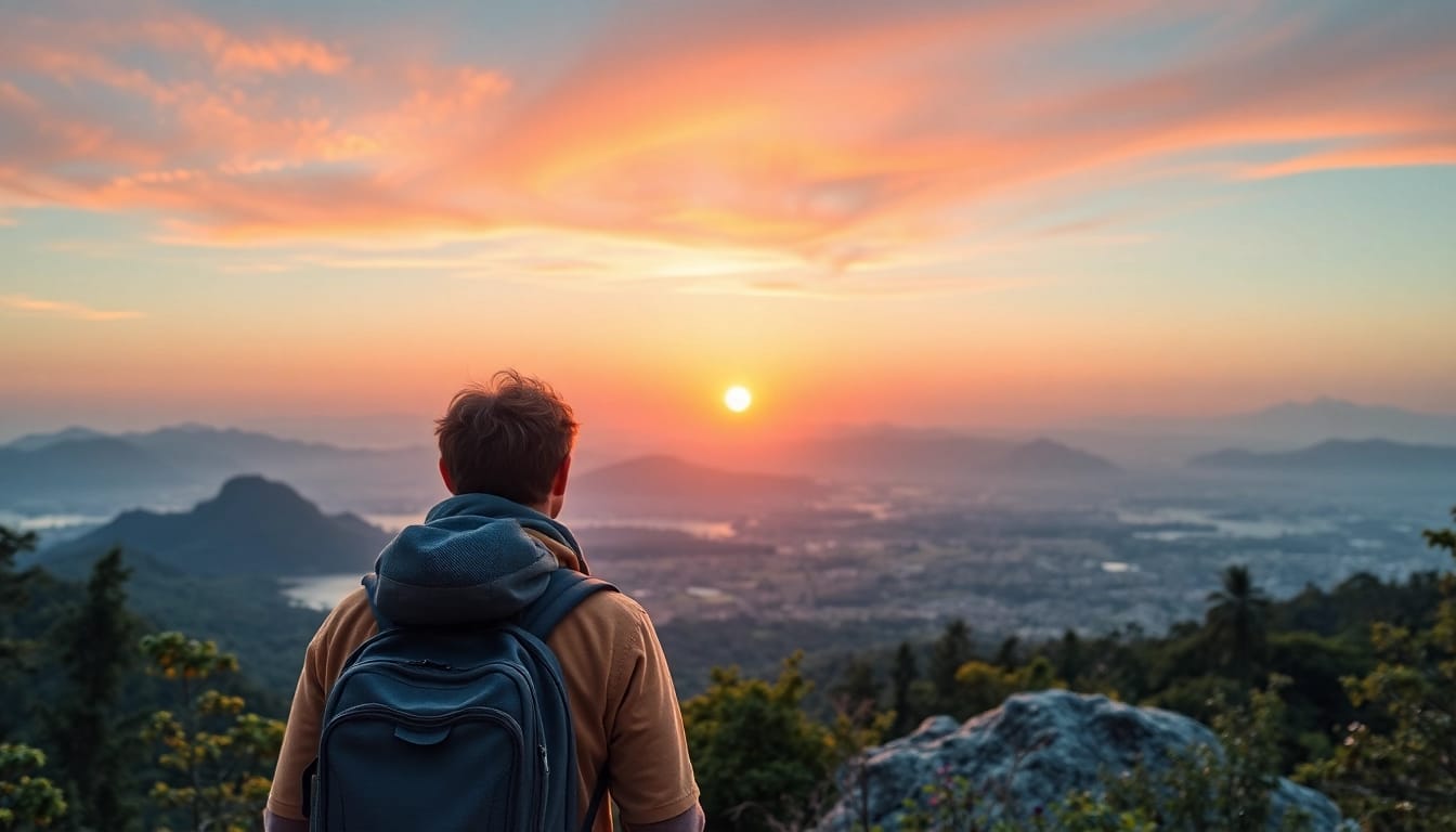 Fernreisen: Abenteuerliche Reisende bewundern exotische Landschaften bei Sonnenuntergang.