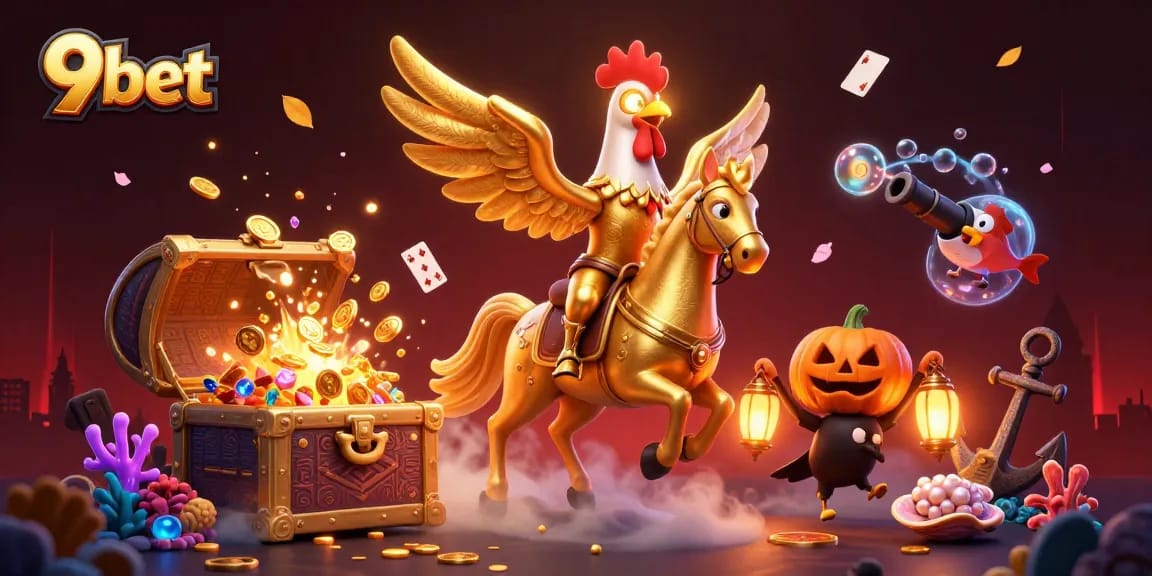 Experience thrilling gaming action with 9bet's vibrant casino art featuring mystical creatures.