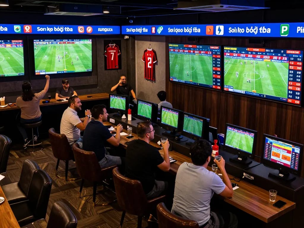 Fans engaged in soi kèo bóng đá betting at a buzzing sports lounge during a live football match