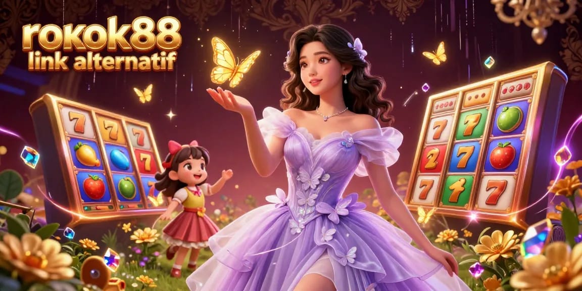 Engage with rokok88 link alternatif in this vibrant casino illustration showcasing slot reels and stunning characters.