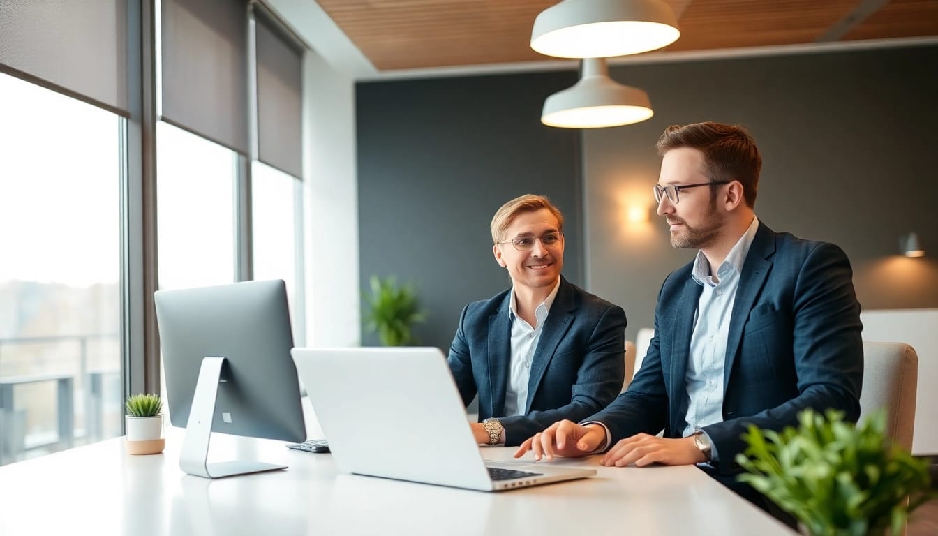 Professioneller Unternehmensberater in Leipzig, der einem Klienten digitale Beratungsdienste präsentiert.