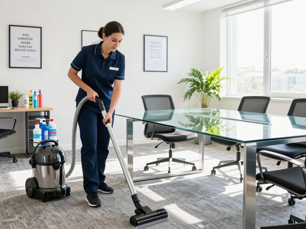 Reinigungsservice in Münster, der ein professionelles Reinigungsteam in einem lebhaften Büro zeigt, das für strahlende Sauberkeit sorgt.