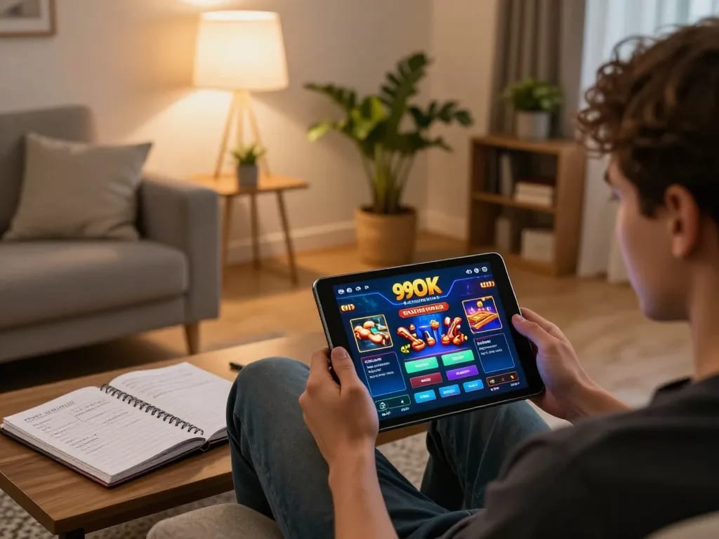 Engaged player using the 99OK app on tablet in a cozy living room setting.