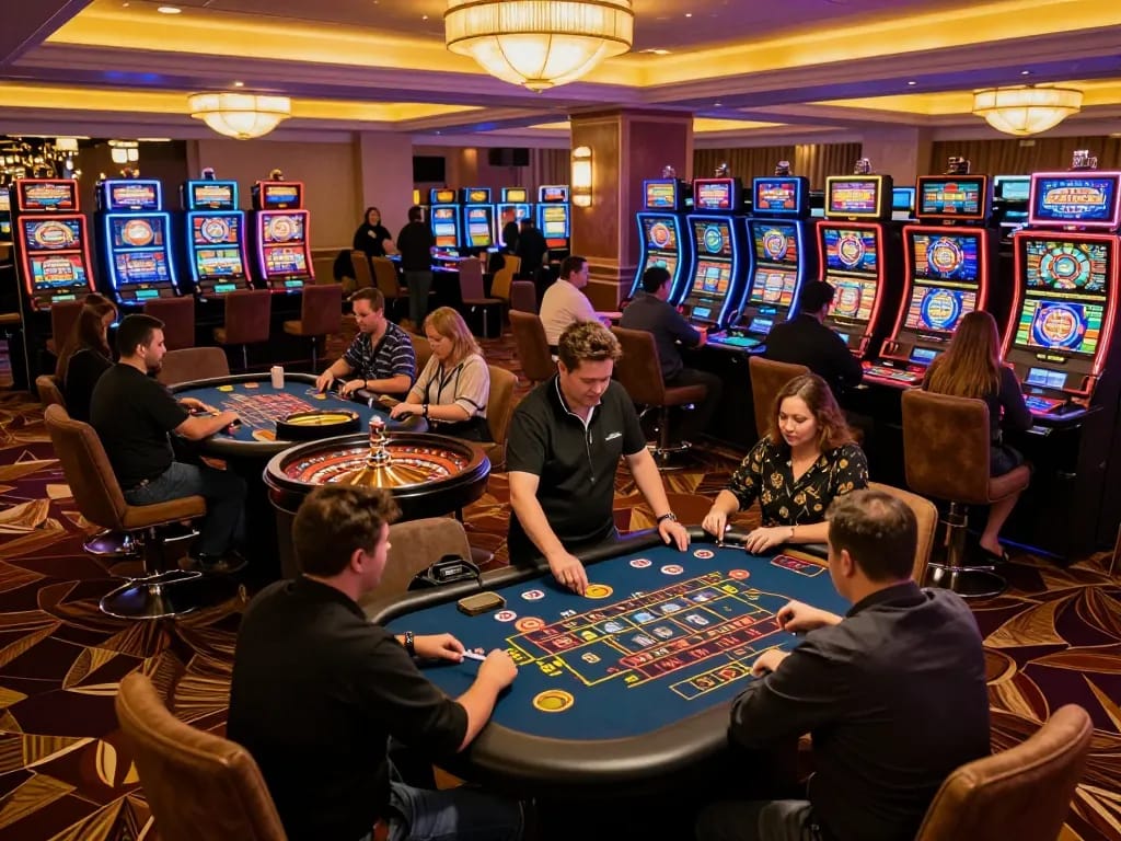 Người chơi tận hưởng trải nghiệm của Hit Club tại một casino sôi động, tham gia vào các trò chơi chiến lược trong không gian casino đầy năng động.