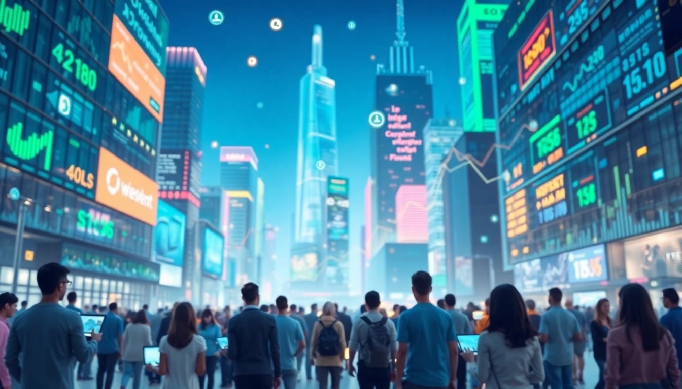 Internet Trends visuell dargestellt durch digitale Grafiken und Technologie-Interaktionen.