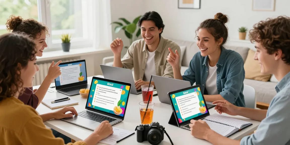 Group of friends enjoying an engaging Quiz Allgemeinwissen online, smiling and discussing answers.