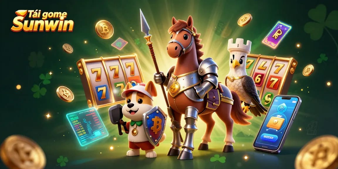 Tải game Sunwin with lively gambling action featuring a medieval knight and vibrant casino elements.