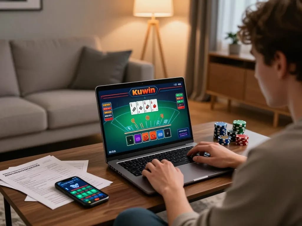 Player immersed in kuwin online casino blackjack game from cozy living room.