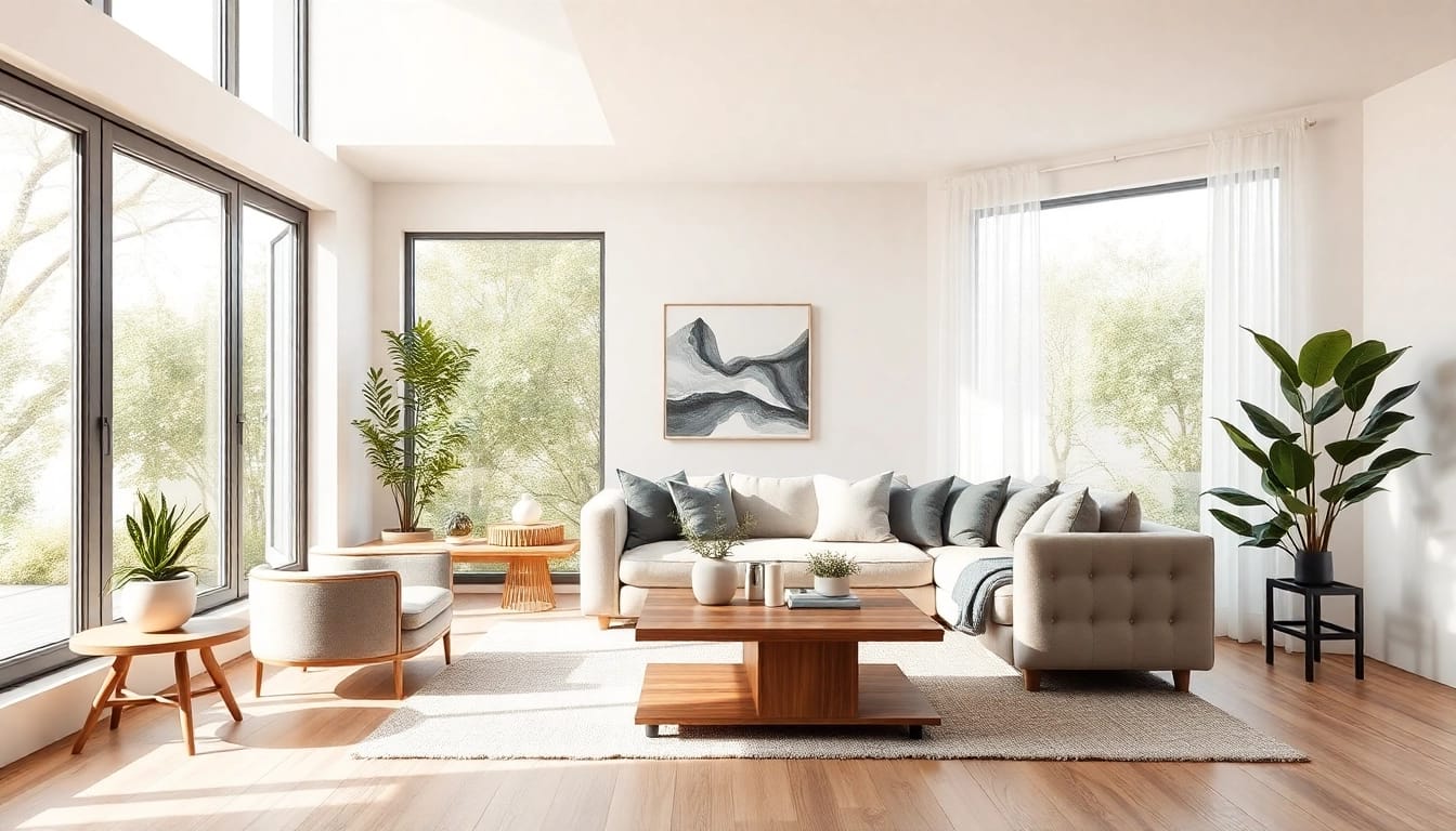 Detailreiche Darstellung einer modernen Raumgestaltung mit natürlichem Licht und minimalistischen Möbeln im Wohnzimmer.