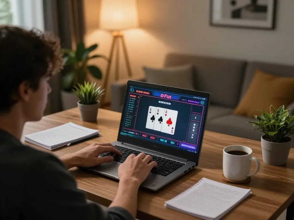 LUCKY88 player enjoying online gaming at home with poker interface on laptop.