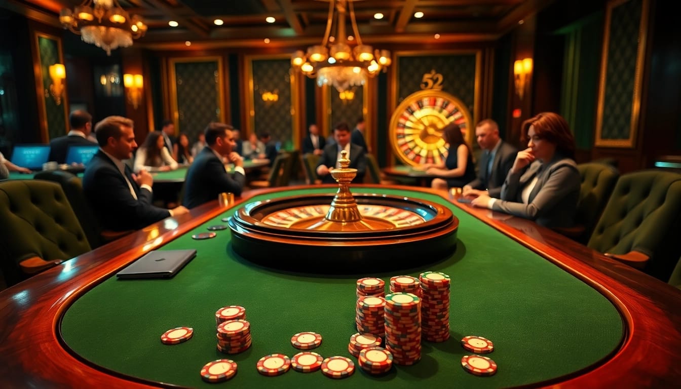 Experience the thrill of 52WIN with a luxurious casino scene featuring poker and roulette.