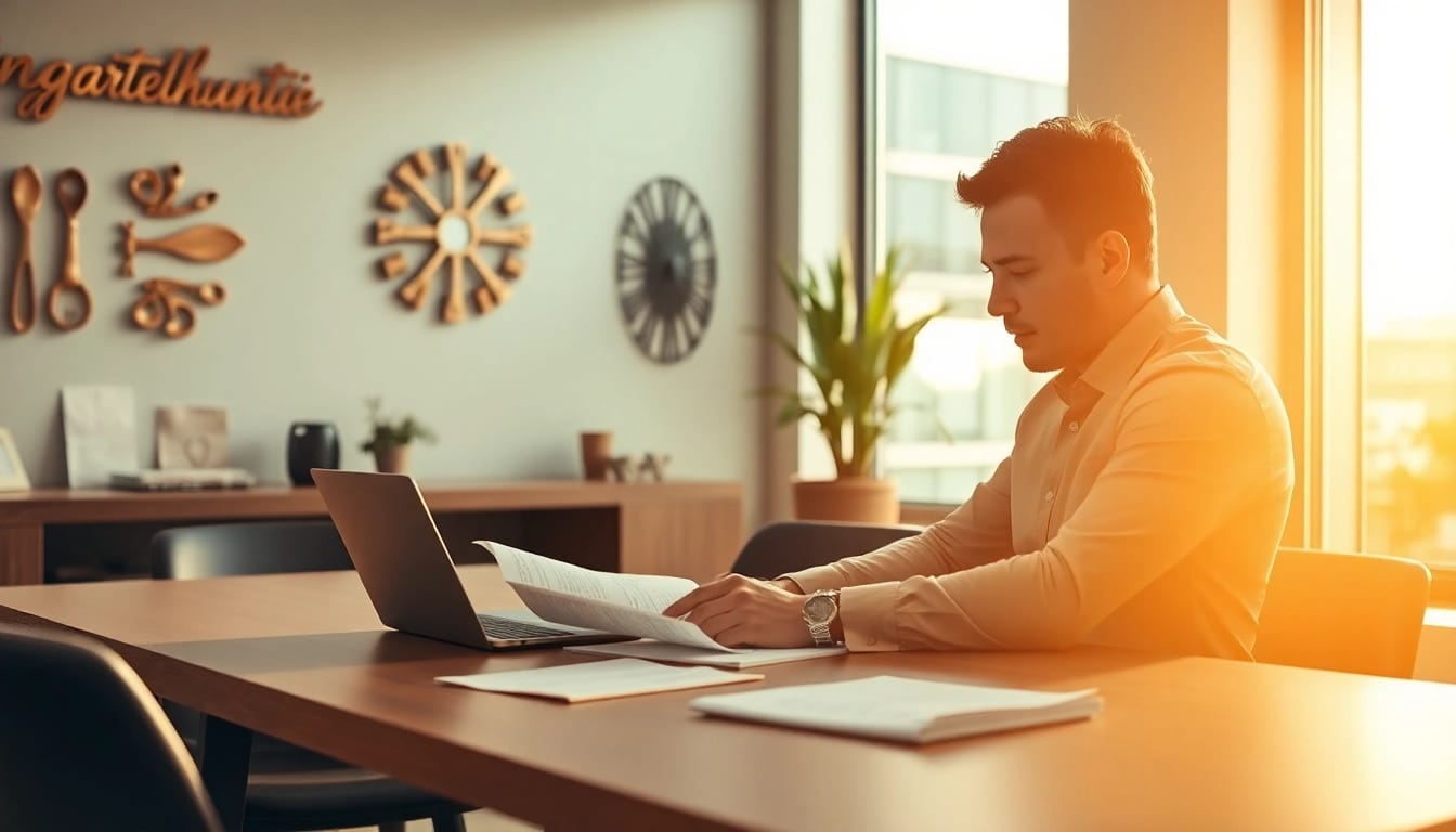 Headhunter Gastronomie arbeitet konzentriert an Bewerbungen in einem stilvollen Büro.