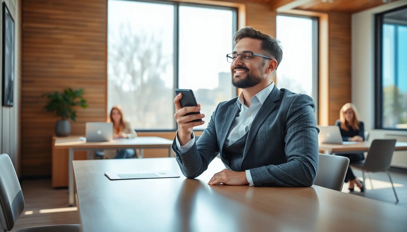 Vertriebsmitarbeiter finden – Ein engagierter Vertriebler, der in einem hellen, modernen Büro an einem Tisch telefoniert.