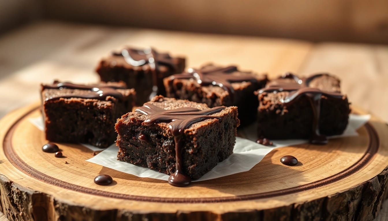 Verführerische Daga Brownies mit schmelzender Schokoladensoße, die reichhaltigen Geschmack und aromen betont.