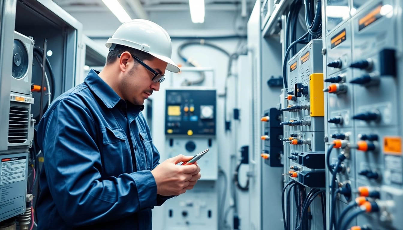 Technician conducting DGUV V3 Prüfung to ensure workplace safety and electrical compliance.