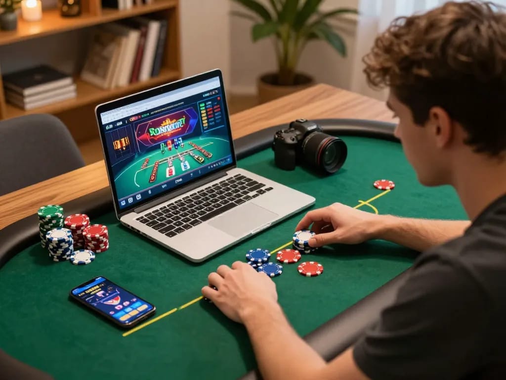 Engaging online poker gameplay on laptop with VIN777 strategy notes, showcasing a responsible gambling atmosphere.