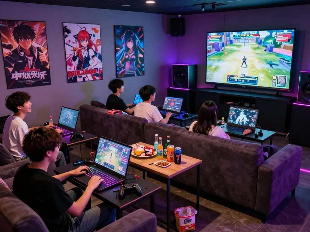 Friends enjoying multiplayer porn ganes in a vibrant adult gaming lounge.