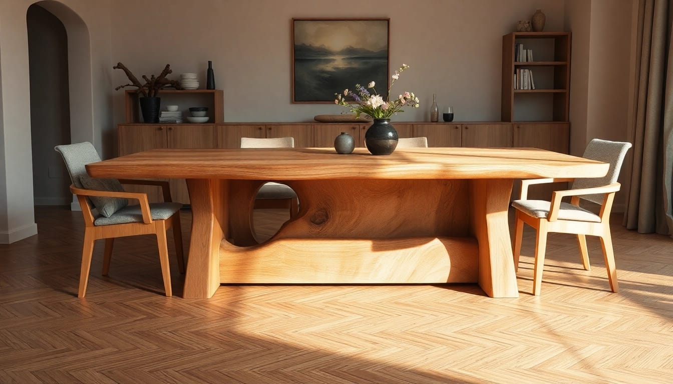 Entdecken Sie den Massiven Eiche Esstisch mit einzigartiger Baumkante, der stilvolles Design und natürliche Eleganz vereint.