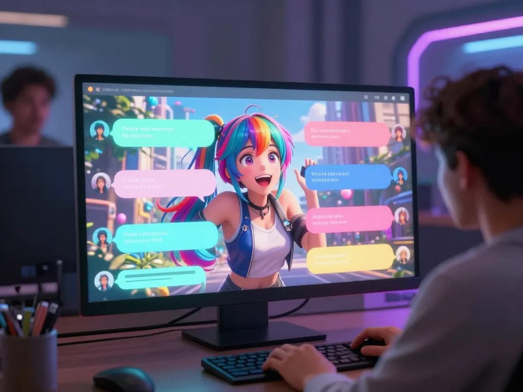 Interactive hentai ai chat scene with vibrant anime characters engaging in playful conversation.
