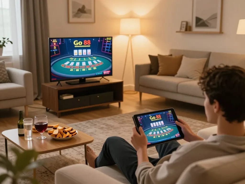 Tham gia chơi game Go 88 trực tuyến với blackjack nhà cái trực tiếp trên một chiếc sofa ấm cúng