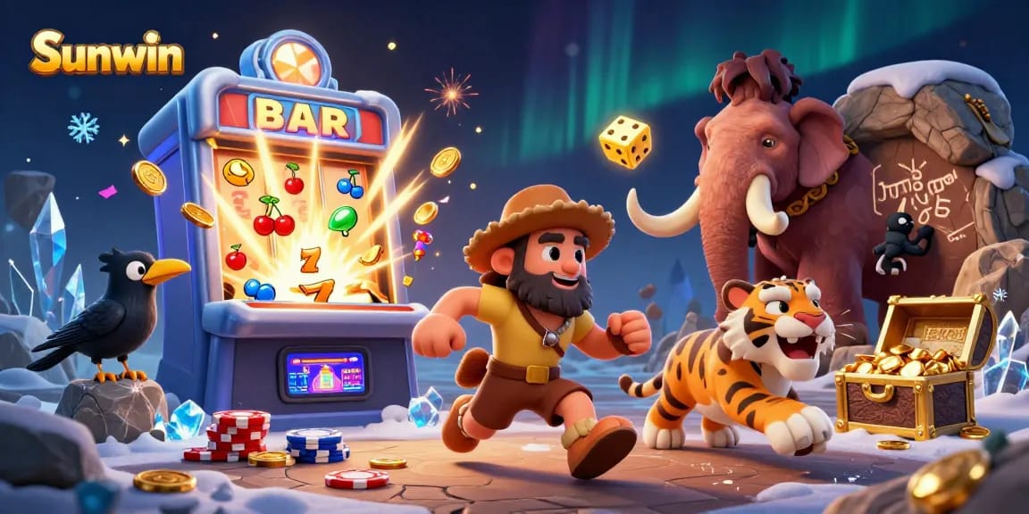 Sunwin offers exciting casino experiences with playful 3D characters and jackpot-ready elements in this vibrant illustration.