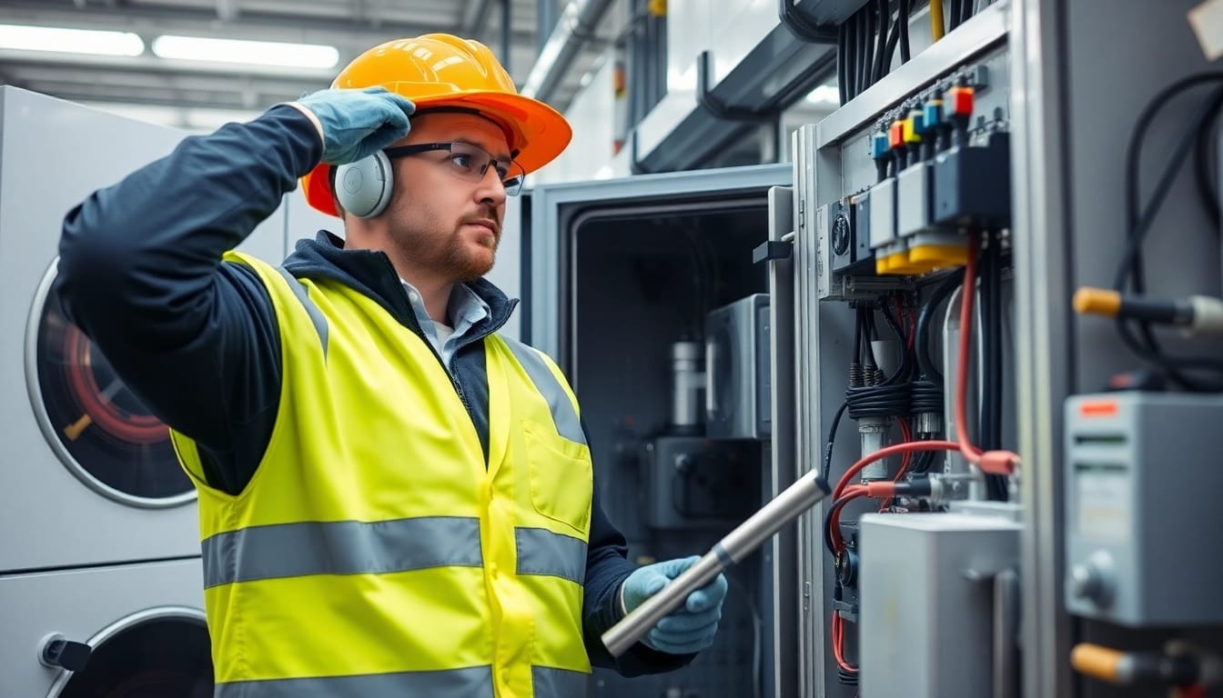 Technician performing DGUV V3 Prüfung on electrical appliances, ensuring workplace safety.