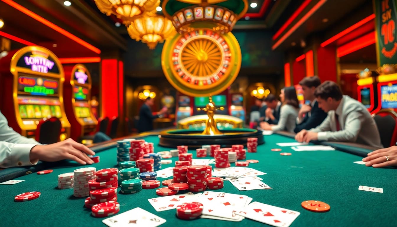 Gamblers engaging in a high-stakes game at qh88 casino with colorful chips and cards.