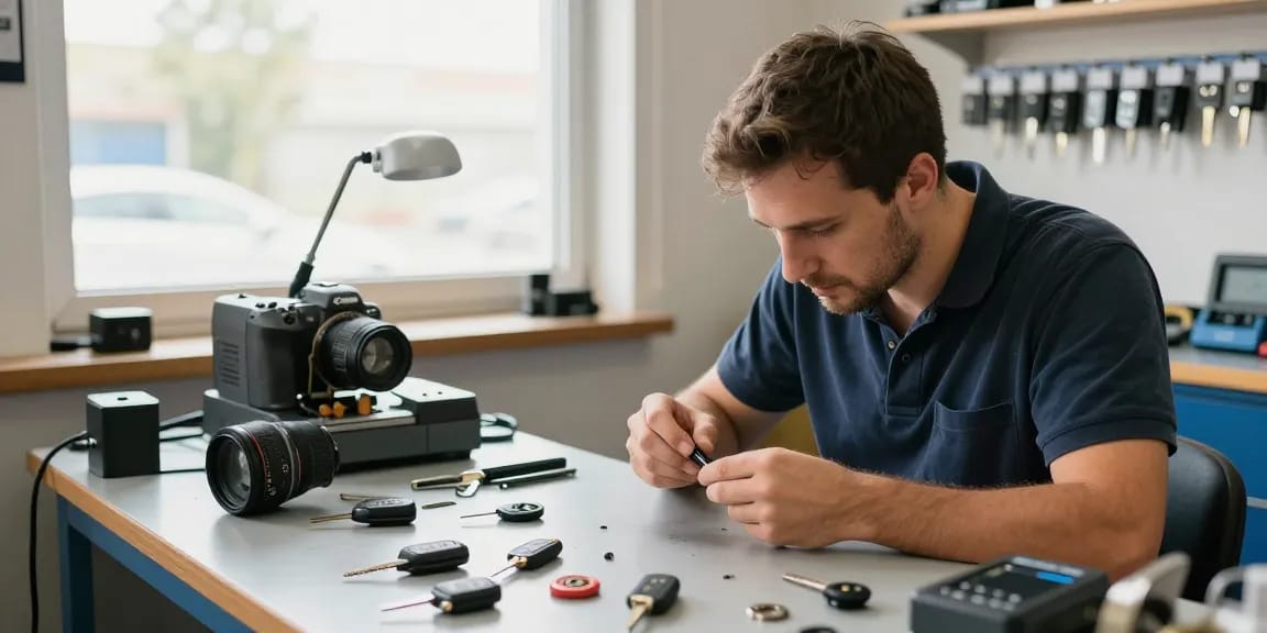 Autoschlüssel nachmachen im professionellen Schlüsseldienst während der Schlüsselreplikation.